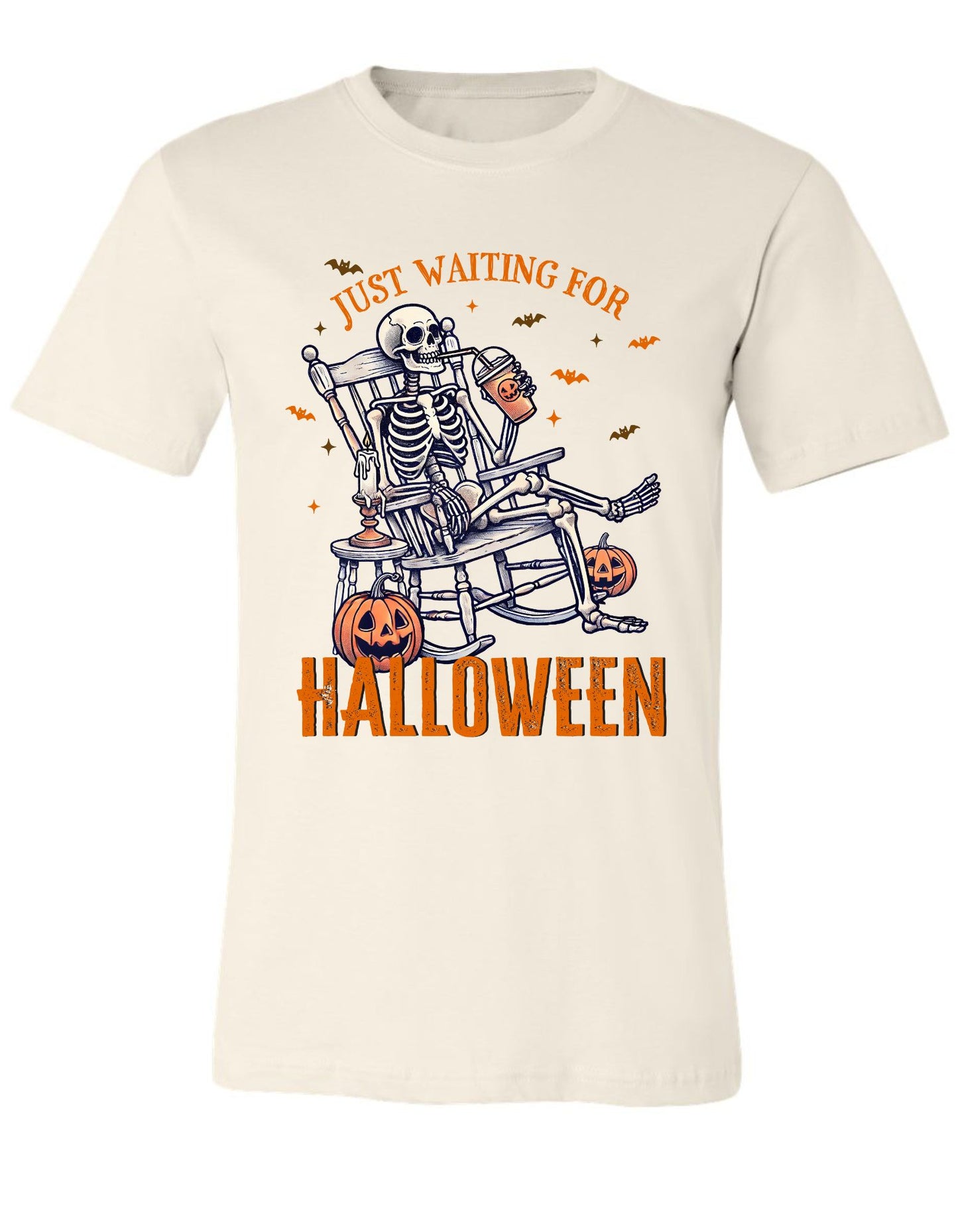 Juat Waiting For Halloween Skeleton in a Chair T Shirt