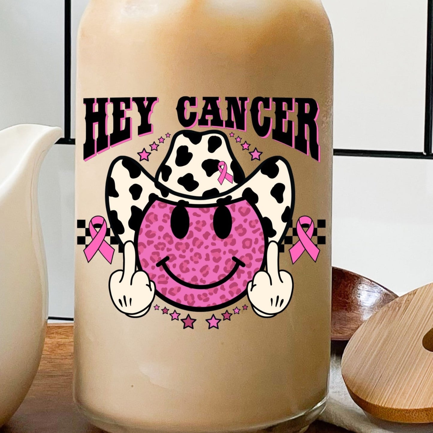 Hey Cancer 16oz Libby Glass Beer Can With Bamboo Lid and Straw