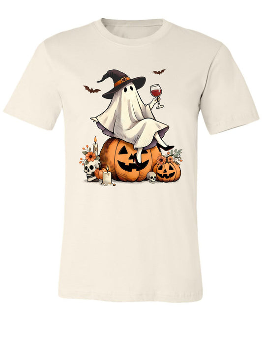 Ghost Drinking Wine Sitting on a Pumpkin T Shirt