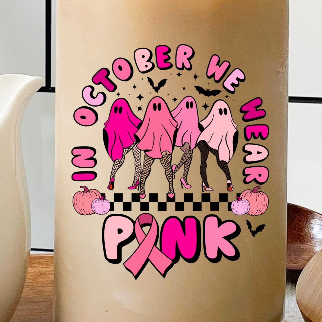 In October We Wear Pink 16oz Libby Glass Beer Can With Bamboo Lid and Straw