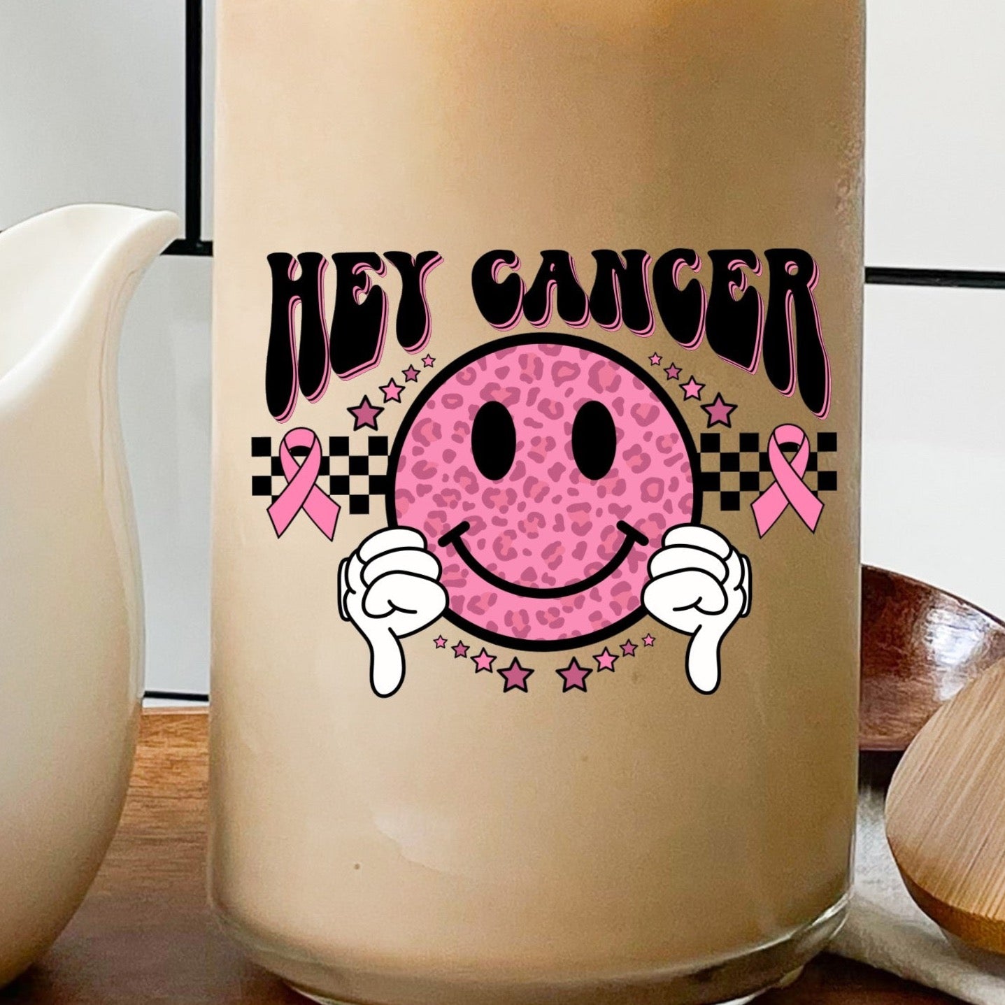Hey Cancer 16oz Libby Glass Beer Can With Bamboo Lid and Straw